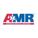 A red and blue logo for amr