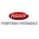 A red and white logo of the company western peterbilt.