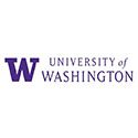 A purple and white logo of the university of washington.