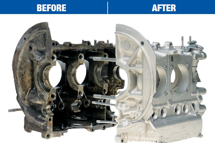 A before and after picture of an engine block.